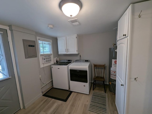 219 Guenther St, Oshkosh, WI 54902 - washroom featuring cabinet space, washing machine and dryer, electric panel, water heater, and light wood-type flooring