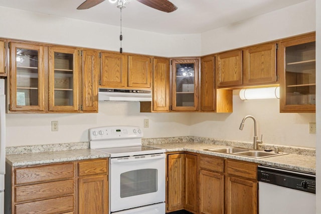 10268 W Parkedge Cir, Franklin, WI 53132 - kitchen featuring white appliances, under cabinet range hood, brown cabinets, light countertops, and ceiling fan