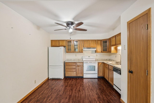 10268 W Parkedge Cir, Franklin, WI 53132 - kitchen featuring white appliances, brown cabinets, a ceiling fan, light countertops, and under cabinet range hood
