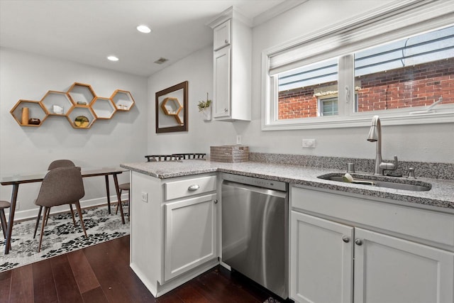 150 E Fairmount Ave, Whitefish Bay, WI 53217 - kitchen featuring dishwasher, dark wood-style floors, white cabinets, recessed lighting, and light stone counters