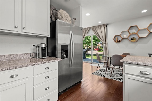 150 E Fairmount Ave, Whitefish Bay, WI 53217 - kitchen featuring stainless steel fridge with ice dispenser, dark wood-type flooring, white cabinetry, recessed lighting, and light stone counters