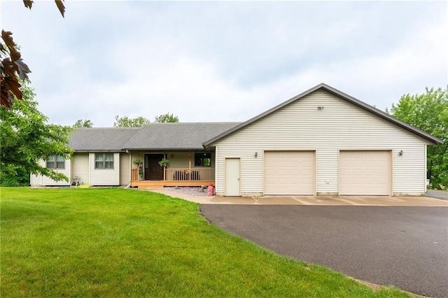 10525 Voight Rd, Fall Creek, WI 54742 - ranch-style home with a garage, a front yard, covered porch, and a shingled roof