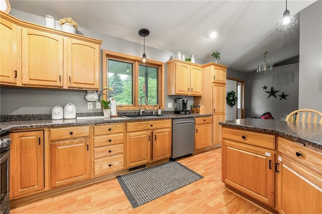10525 Voight Rd, Fall Creek, WI 54742 - kitchen with dishwasher, vaulted ceiling, decorative light fixtures, and light wood-style flooring