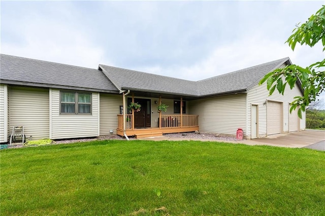 10525 Voight Rd, Fall Creek, WI 54742 - ranch-style home with covered porch, a garage, roof with shingles, and a front yard