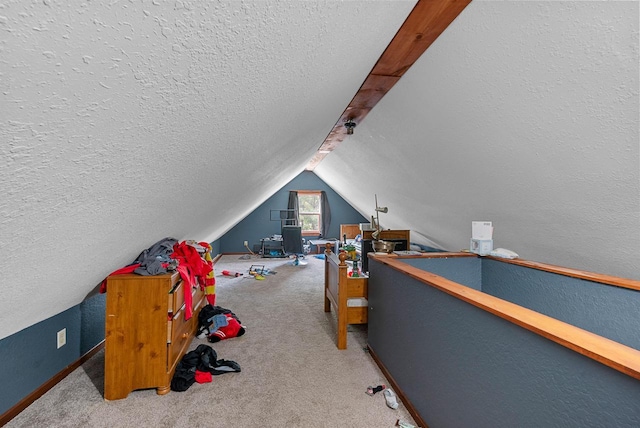 N7082 Airport Rd, Beaver Dam, WI 53916 - playroom featuring a textured ceiling, lofted ceiling, and carpet floors