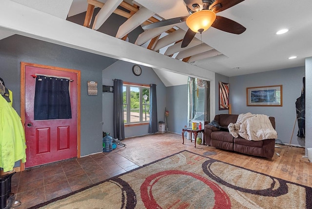 N7082 Airport Rd, Beaver Dam, WI 53916 - living area with ceiling fan, lofted ceiling, and recessed lighting