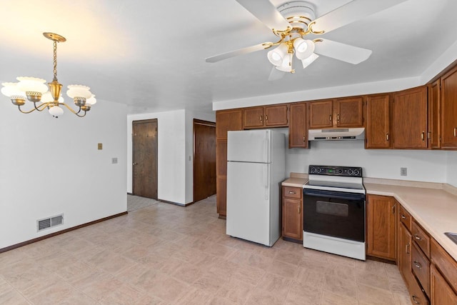 8478 N Brown County Line Rd, Pulaski, WI 54162 - kitchen featuring freestanding refrigerator, electric range oven, under cabinet range hood, a chandelier, and light countertops