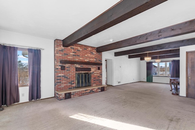 8478 N Brown County Line Rd, Pulaski, WI 54162 - unfurnished living room with carpet floors, a brick fireplace, and beamed ceiling