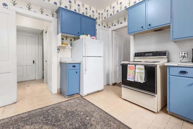 222 N Union St, Appleton, WI 54911 - kitchen with blue cabinetry, white appliances, and wallpapered walls