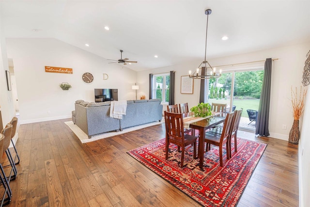3717 White Pine Dr, Janesville, WI 53545 - dining room with a chandelier, vaulted ceiling, wood-type flooring, ceiling fan, and recessed lighting