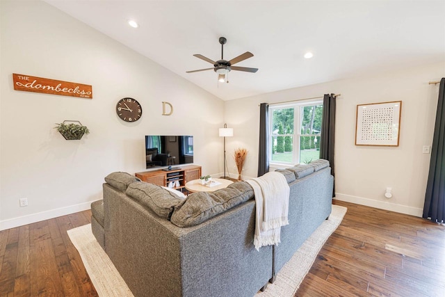 3717 White Pine Dr, Janesville, WI 53545 - living room featuring a ceiling fan, lofted ceiling, wood-type flooring, and recessed lighting