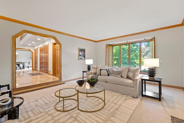 13835 Stonefield Ct, Elm Grove, WI 53122 - carpeted living area featuring arched walkways and ornamental molding