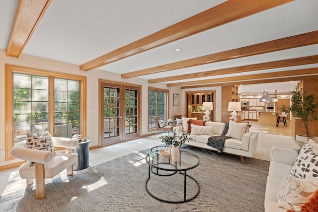 13835 Stonefield Ct, Elm Grove, WI 53122 - carpeted living area with french doors, beam ceiling, and recessed lighting