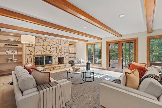 13835 Stonefield Ct, Elm Grove, WI 53122 - living room featuring french doors, carpet floors, a stone fireplace, recessed lighting, and beam ceiling
