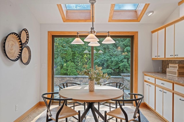13835 Stonefield Ct, Elm Grove, WI 53122 - dining room featuring a skylight, light wood finished floors, and lofted ceiling