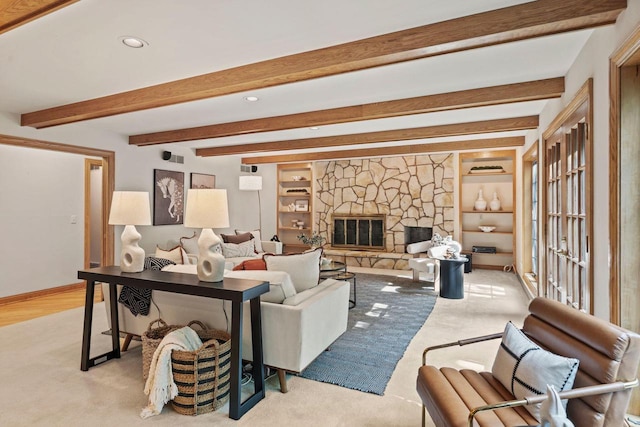 13835 Stonefield Ct, Elm Grove, WI 53122 - living room featuring recessed lighting, carpet flooring, a stone fireplace, and beam ceiling