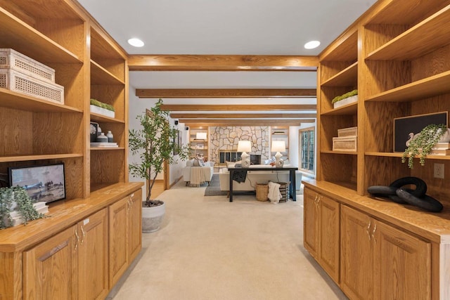 13835 Stonefield Ct, Elm Grove, WI 53122 - office space with light carpet, beamed ceiling, and a fireplace