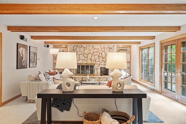 13835 Stonefield Ct, Elm Grove, WI 53122 - living area with light colored carpet, recessed lighting, and beam ceiling