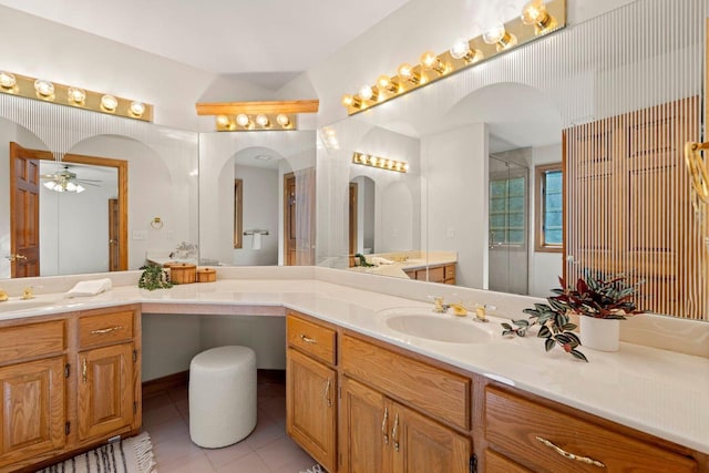 13835 Stonefield Ct, Elm Grove, WI 53122 - full bath featuring tile patterned flooring, vanity, a ceiling fan, and a stall shower