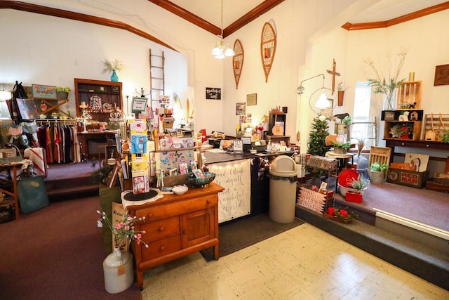 134S Main St, Stoddard, WI 54658 - misc room with ornamental molding, carpet flooring, and tile patterned floors