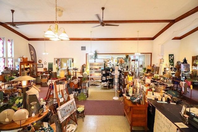 134S Main St, Stoddard, WI 54658 - misc room featuring a ceiling fan, ornamental molding, tile patterned floors, a chandelier, and beam ceiling