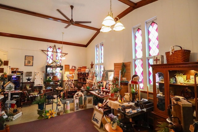 134S Main St, Stoddard, WI 54658 - misc room featuring a ceiling fan, lofted ceiling, healthy amount of natural light, carpet, and crown molding
