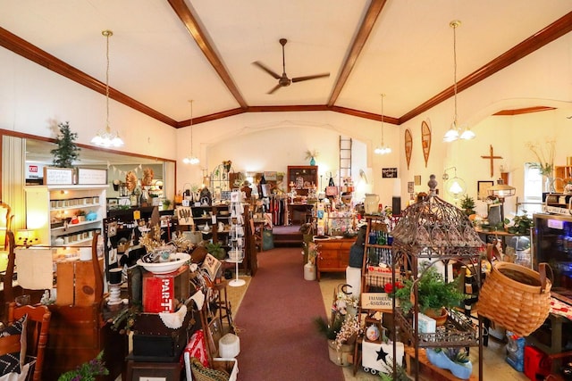 134S Main St, Stoddard, WI 54658 - miscellaneous room featuring ceiling fan, arched walkways, a chandelier, carpet, and crown molding