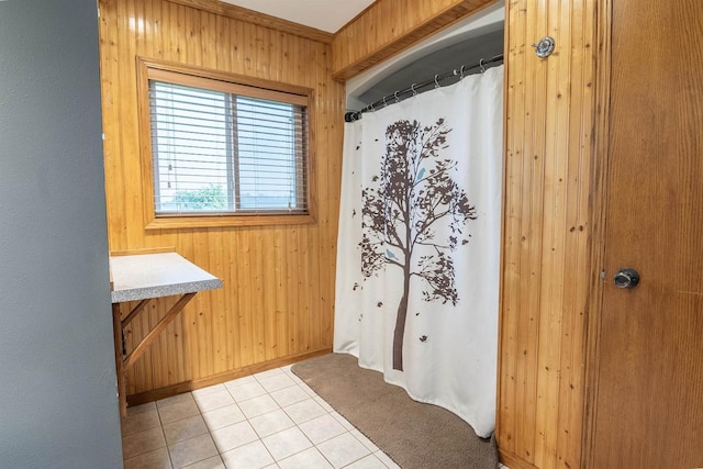 N3315 Brook Dr, Medford, WI 54451 - full bathroom featuring wood walls, tile patterned floors, and curtained shower