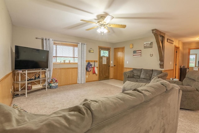 N3315 Brook Dr, Medford, WI 54451 - living room with carpet, ceiling fan, wainscoting, and wood walls
