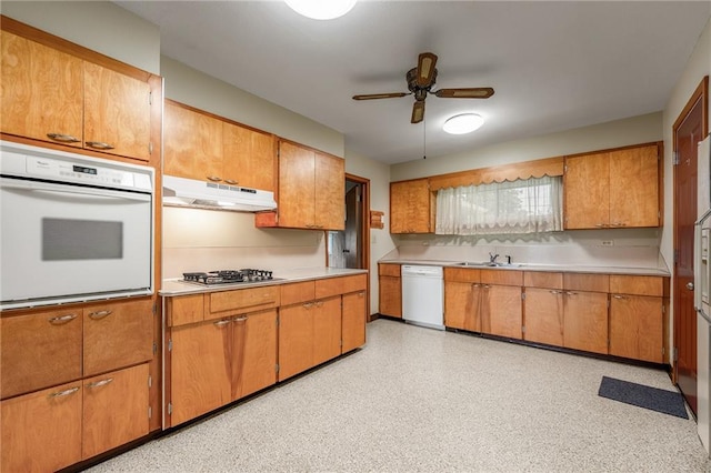 2336 Hayden Ave, Altoona, WI 54720 - kitchen featuring white appliances, under cabinet range hood, ceiling fan, and light countertops