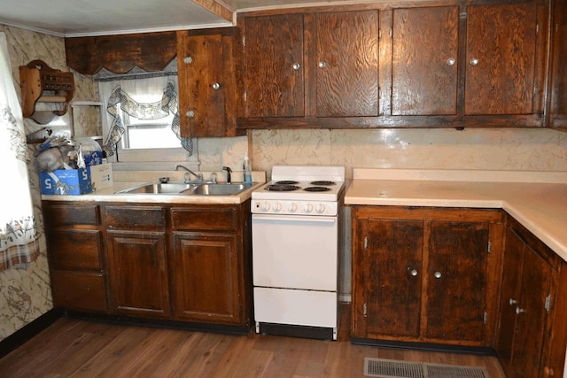653 Grant St, Wonewoc, WI 53968 - kitchen featuring white electric stove, light countertops, and wood finished floors