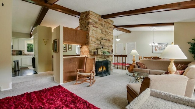 514 Fairfield Ct, Chippewa Falls, WI 54729 - carpeted living room featuring a stone fireplace and a chandelier