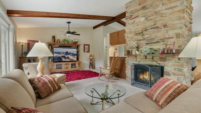 514 Fairfield Ct, Chippewa Falls, WI 54729 - living area featuring carpet floors, a ceiling fan, and a stone fireplace