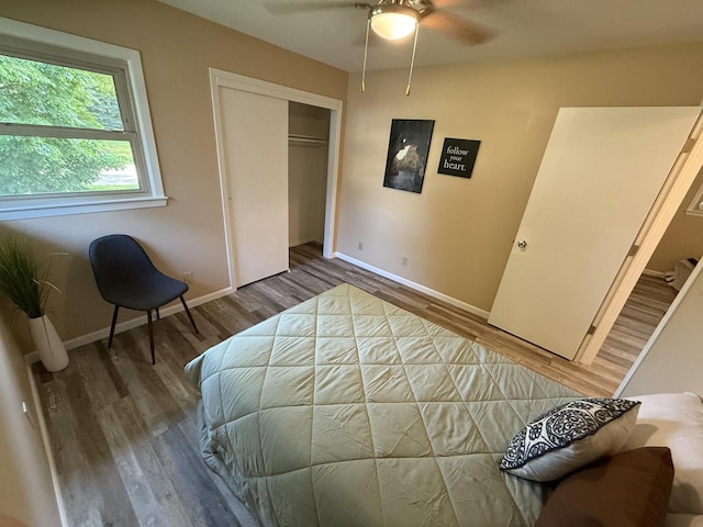7140 N 48th St, Milwaukee, WI 53223 - bedroom featuring wood finished floors, a closet, and a ceiling fan