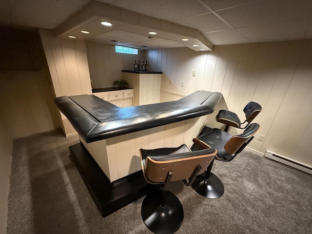 7140 N 48th St, Milwaukee, WI 53223 - indoor dry bar featuring dark colored carpet, baseboard heating, a paneled ceiling, and recessed lighting