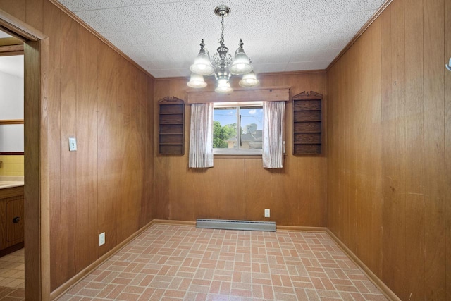 5110 W Cleveland Ave, Milwaukee, WI 53219 - empty room featuring brick patterned floors, a chandelier, wooden walls, and a baseboard radiator