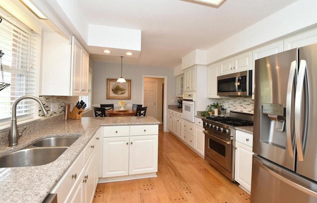 4729 James Ave, Wind Point, WI 53402 - kitchen featuring appliances with stainless steel finishes, recessed lighting, decorative backsplash, white cabinets, and a peninsula