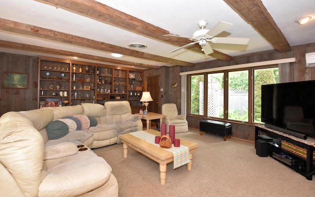 4729 James Ave, Wind Point, WI 53402 - carpeted living room with wooden walls, beamed ceiling, a ceiling fan, and a wall mounted air conditioner