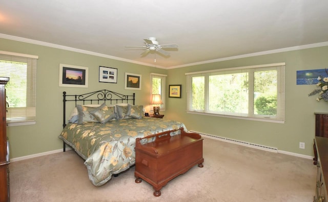 4729 James Ave, Wind Point, WI 53402 - bedroom featuring baseboard heating, ornamental molding, multiple windows, light carpet, and a ceiling fan