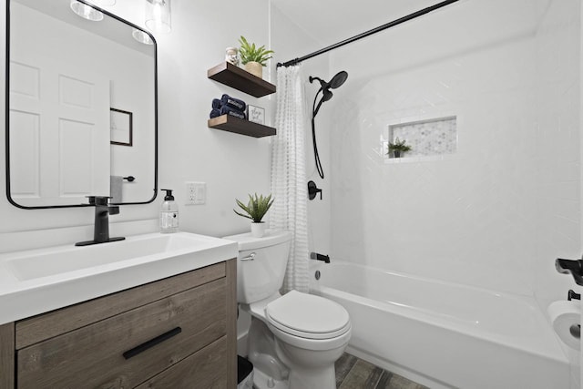N2444 Howard Dr, Burlington, WI 53105 - bathroom with shower / bathtub combination with curtain, vanity, and wood finished floors