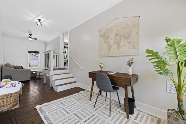 N2444 Howard Dr, Burlington, WI 53105 - office with wood finished floors, a ceiling fan, and ornamental molding