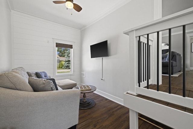 N2444 Howard Dr, Burlington, WI 53105 - living area with ceiling fan, dark wood finished floors, and crown molding