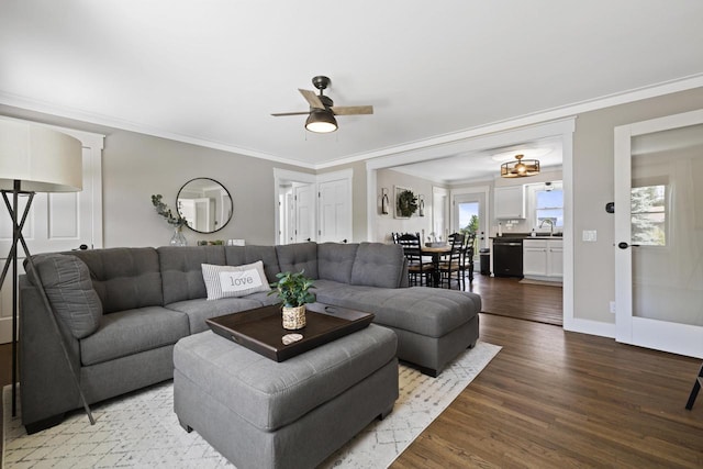 N2444 Howard Dr, Burlington, WI 53105 - living room with wood finished floors, ornamental molding, and ceiling fan