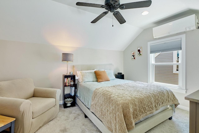 3057 N 90th St, Milwaukee, WI 53222 - bedroom featuring a wall mounted AC, light carpet, vaulted ceiling, ceiling fan, and recessed lighting