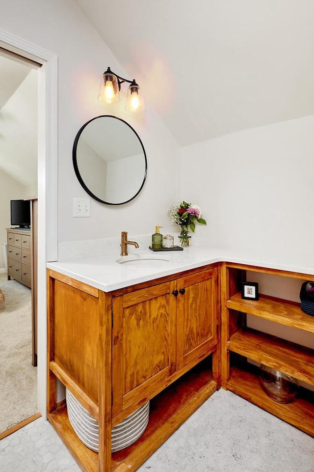 3057 N 90th St, Milwaukee, WI 53222 - bathroom featuring lofted ceiling and vanity
