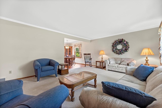 6500 S 121st St, Franklin, WI 53132 - carpeted living room featuring ornamental molding and a chandelier