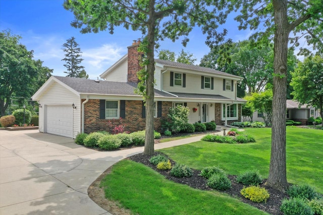 6500 S 121st St, Franklin, WI 53132 - traditional home featuring concrete driveway, a chimney, a garage, a front lawn, and brick siding