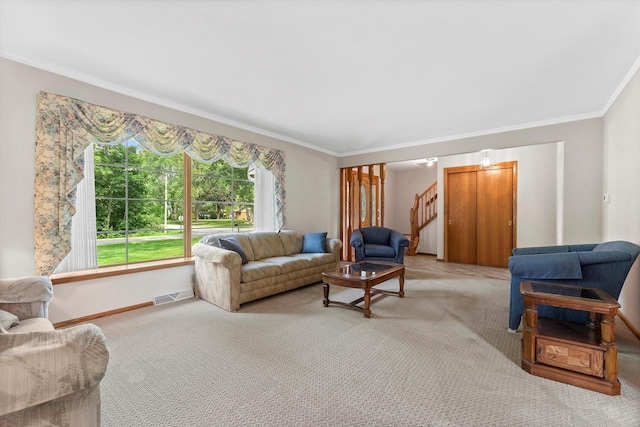 6500 S 121st St, Franklin, WI 53132 - living room featuring crown molding, light carpet, and stairs