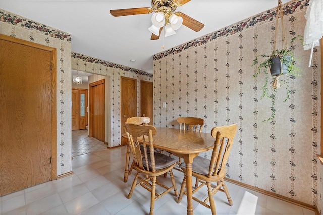 6500 S 121st St, Franklin, WI 53132 - dining room with wallpapered walls, a ceiling fan, and light tile patterned floors
