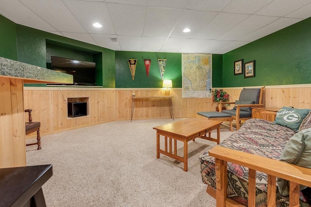 431 Ridgeway Dr, Brillion, WI 54110 - living room with wainscoting, a drop ceiling, recessed lighting, and a fireplace